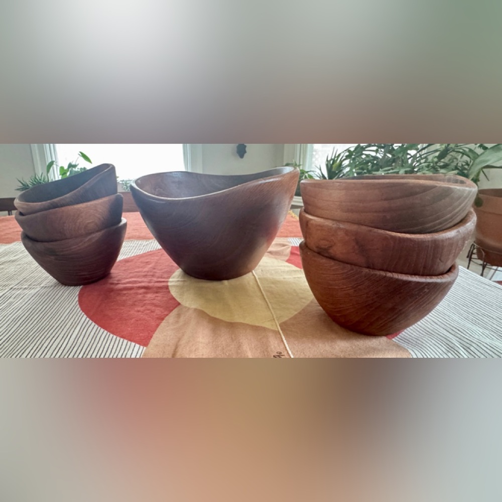 Mid Century Modern Carved Teak Salad Bowl Set